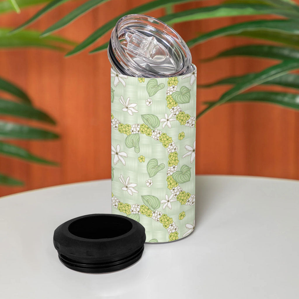 Hawaii Anthurium Tiare Pikake Lei 4 in 1 Can Cooler Tumbler Sage Green Lauhala Art Pattern