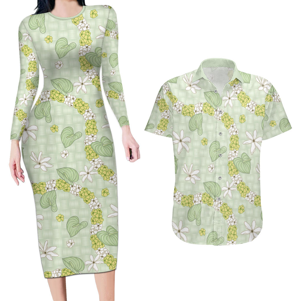 Hawaii Anthurium Tiare Pikake Lei Couples Matching Long Sleeve Bodycon Dress and Hawaiian Shirt Sage Green Lauhala Art Pattern
