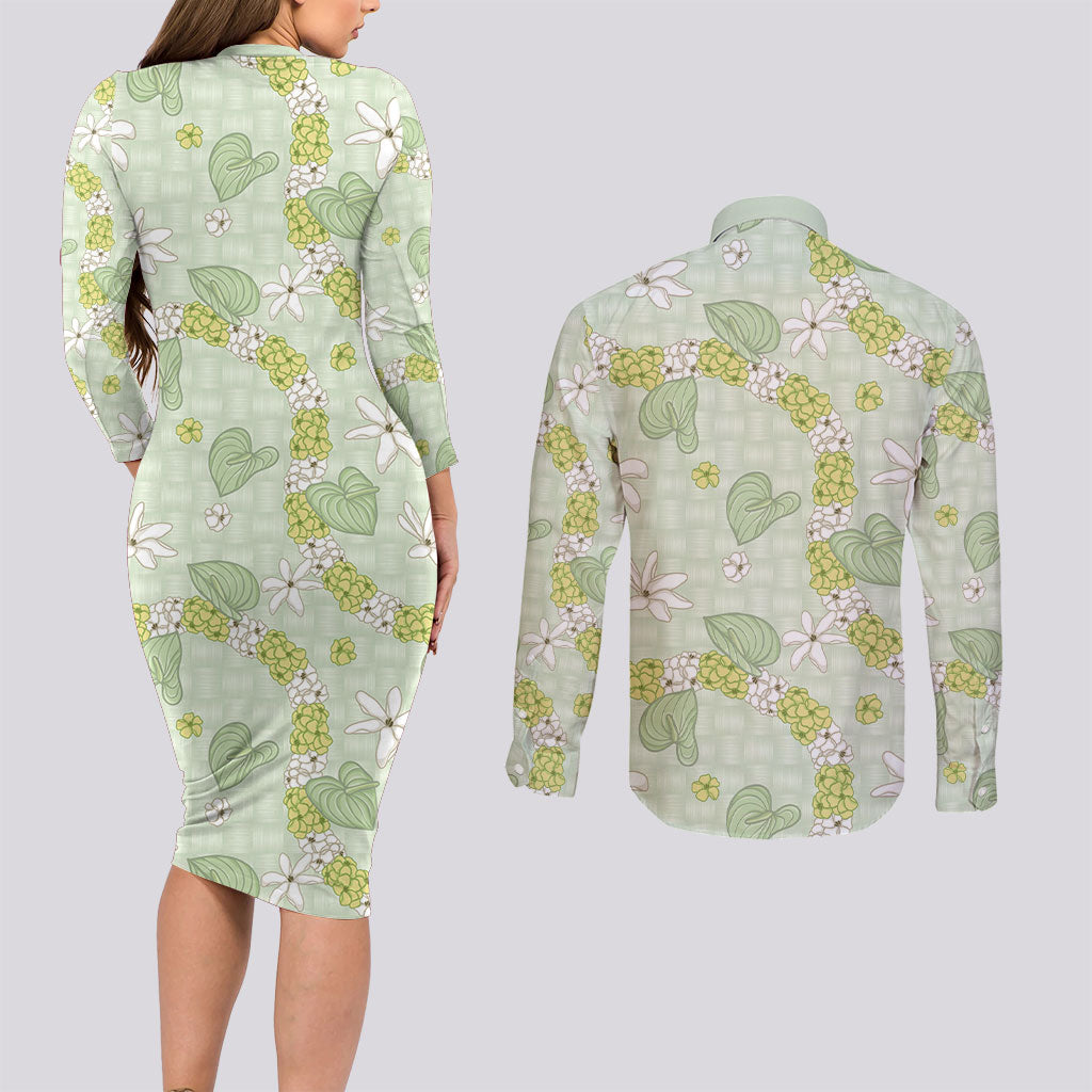 Hawaii Anthurium Tiare Pikake Lei Couples Matching Long Sleeve Bodycon Dress and Long Sleeve Button Shirt Sage Green Lauhala Art Pattern