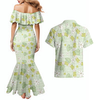 Hawaii Anthurium Tiare Pikake Lei Couples Matching Mermaid Dress and Hawaiian Shirt Sage Green Lauhala Art Pattern
