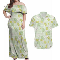 Hawaii Anthurium Tiare Pikake Lei Couples Matching Off Shoulder Maxi Dress and Hawaiian Shirt Sage Green Lauhala Art Pattern