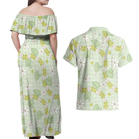 Hawaii Anthurium Tiare Pikake Lei Couples Matching Off Shoulder Maxi Dress and Hawaiian Shirt Sage Green Lauhala Art Pattern