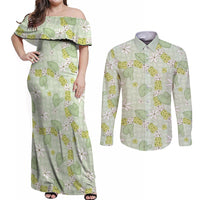 Hawaii Anthurium Tiare Pikake Lei Couples Matching Off Shoulder Maxi Dress and Long Sleeve Button Shirt Sage Green Lauhala Art Pattern