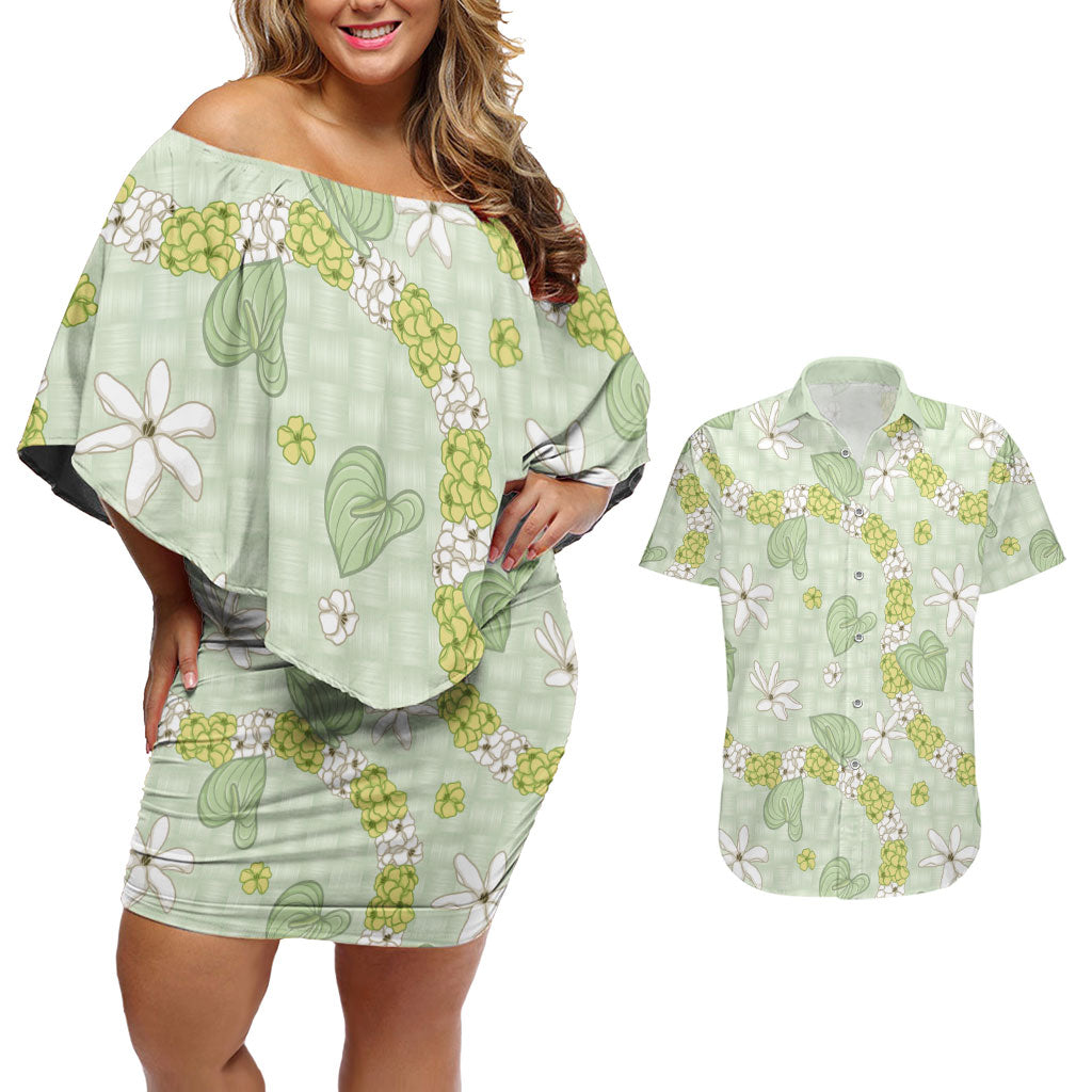 Hawaii Anthurium Tiare Pikake Lei Couples Matching Off Shoulder Short Dress and Hawaiian Shirt Sage Green Lauhala Art Pattern