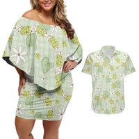 Hawaii Anthurium Tiare Pikake Lei Couples Matching Off Shoulder Short Dress and Hawaiian Shirt Sage Green Lauhala Art Pattern