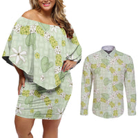 Hawaii Anthurium Tiare Pikake Lei Couples Matching Off Shoulder Short Dress and Long Sleeve Button Shirt Sage Green Lauhala Art Pattern