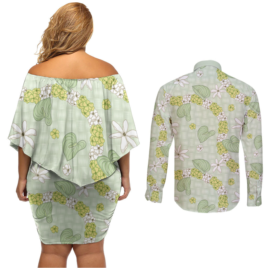 Hawaii Anthurium Tiare Pikake Lei Couples Matching Off Shoulder Short Dress and Long Sleeve Button Shirt Sage Green Lauhala Art Pattern