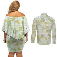 Hawaii Anthurium Tiare Pikake Lei Couples Matching Off Shoulder Short Dress and Long Sleeve Button Shirt Sage Green Lauhala Art Pattern