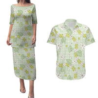 Hawaii Anthurium Tiare Pikake Lei Couples Matching Puletasi and Hawaiian Shirt Sage Green Lauhala Art Pattern LT01 Green - Polynesian Pride