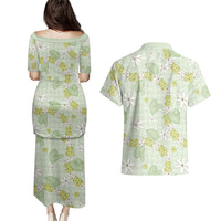 Hawaii Anthurium Tiare Pikake Lei Couples Matching Puletasi and Hawaiian Shirt Sage Green Lauhala Art Pattern LT01 - Polynesian Pride