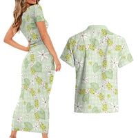 Hawaii Anthurium Tiare Pikake Lei Couples Matching Short Sleeve Bodycon Dress and Hawaiian Shirt Sage Green Lauhala Art Pattern