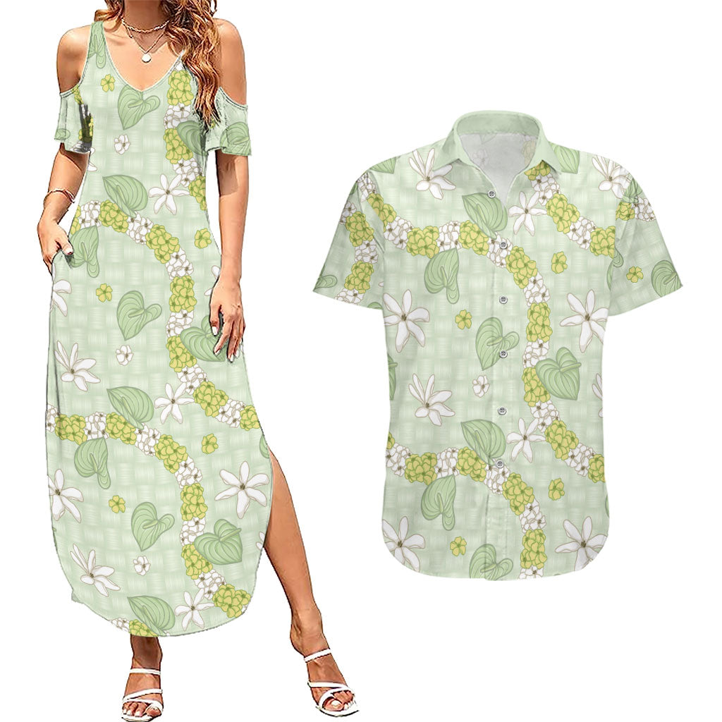 Hawaii Anthurium Tiare Pikake Lei Couples Matching Summer Maxi Dress and Hawaiian Shirt Sage Green Lauhala Art Pattern