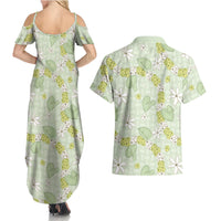 Hawaii Anthurium Tiare Pikake Lei Couples Matching Summer Maxi Dress and Hawaiian Shirt Sage Green Lauhala Art Pattern