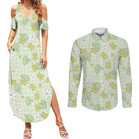 Hawaii Anthurium Tiare Pikake Lei Couples Matching Summer Maxi Dress and Long Sleeve Button Shirt Sage Green Lauhala Art Pattern
