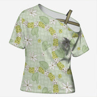 Hawaii Anthurium Tiare Pikake Lei Cross Shoulder Shirt Sage Green Lauhala Art Pattern