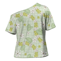 Hawaii Anthurium Tiare Pikake Lei Cross Shoulder Shirt Sage Green Lauhala Art Pattern