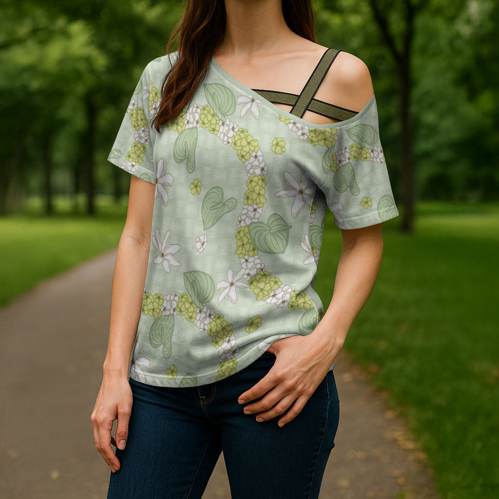 Hawaii Anthurium Tiare Pikake Lei Cross Shoulder Shirt Sage Green Lauhala Art Pattern