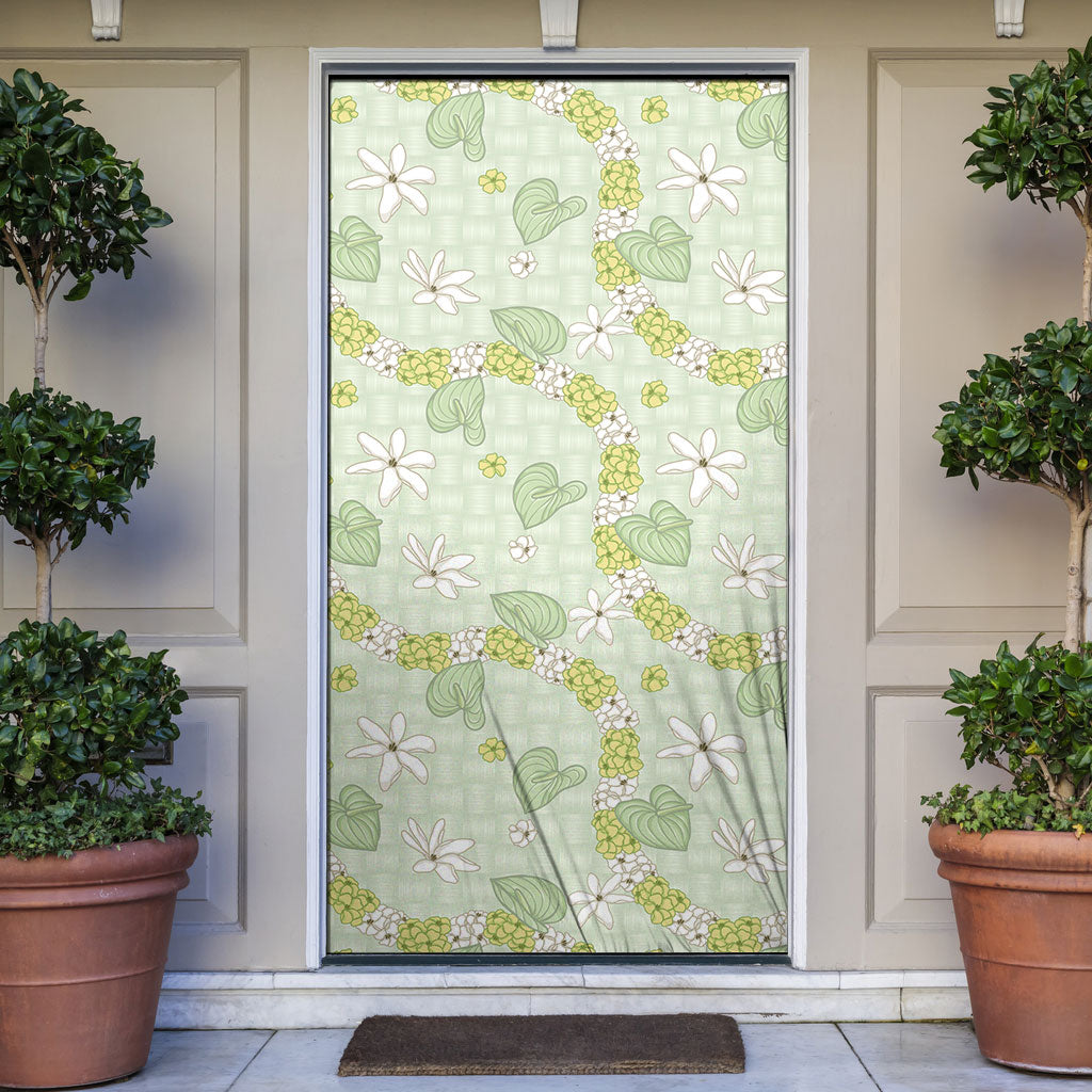 Hawaii Anthurium Tiare Pikake Lei Door Cover Sage Green Lauhala Art Pattern