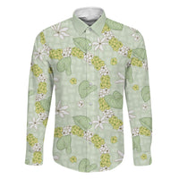 Hawaii Anthurium Tiare Pikake Lei Family Matching Mermaid Dress and Hawaiian Shirt Sage Green Lauhala Art Pattern LT01 Dad's Shirt - Long Sleeve Green - Polynesian Pride