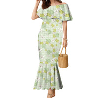 Hawaii Anthurium Tiare Pikake Lei Family Matching Mermaid Dress and Hawaiian Shirt Sage Green Lauhala Art Pattern LT01 Mom's Dress Green - Polynesian Pride