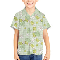 Hawaii Anthurium Tiare Pikake Lei Family Matching Off The Shoulder Long Sleeve Dress and Hawaiian Shirt Sage Green Lauhala Art Pattern LT01 Son's Shirt Green - Polynesian Pride