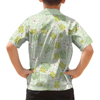 Hawaii Anthurium Tiare Pikake Lei Family Matching Off Shoulder Maxi Dress and Hawaiian Shirt Sage Green Lauhala Art Pattern LT01 - Polynesian Pride