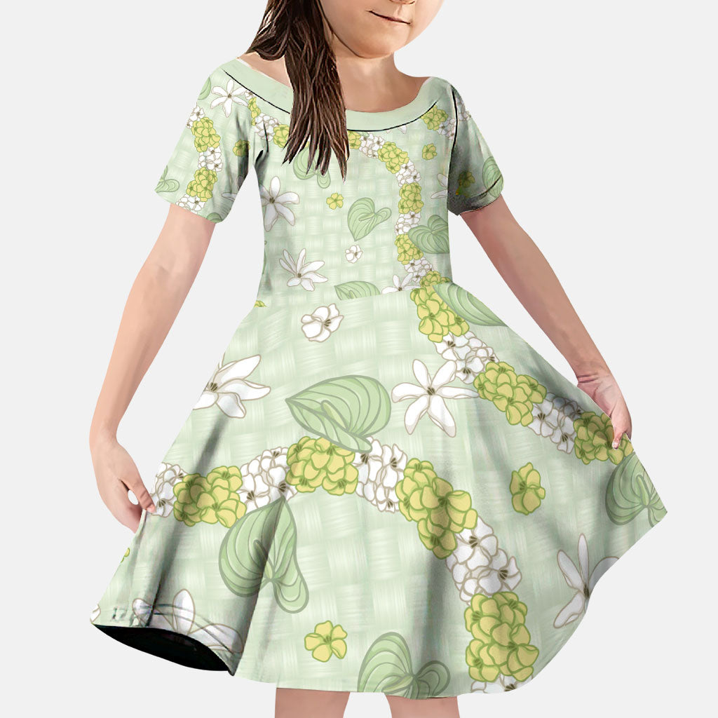 Hawaii Anthurium Tiare Pikake Lei Family Matching Off Shoulder Maxi Dress and Hawaiian Shirt Sage Green Lauhala Art Pattern LT01 Daughter's Dress Green - Polynesian Pride