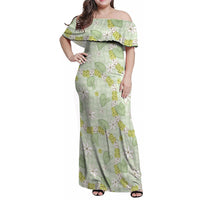 Hawaii Anthurium Tiare Pikake Lei Family Matching Off Shoulder Maxi Dress and Hawaiian Shirt Sage Green Lauhala Art Pattern LT01 Mom's Dress Green - Polynesian Pride