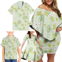 Hawaii Anthurium Tiare Pikake Lei Family Matching Off Shoulder Short Dress and Hawaiian Shirt Sage Green Lauhala Art Pattern LT01 - Polynesian Pride