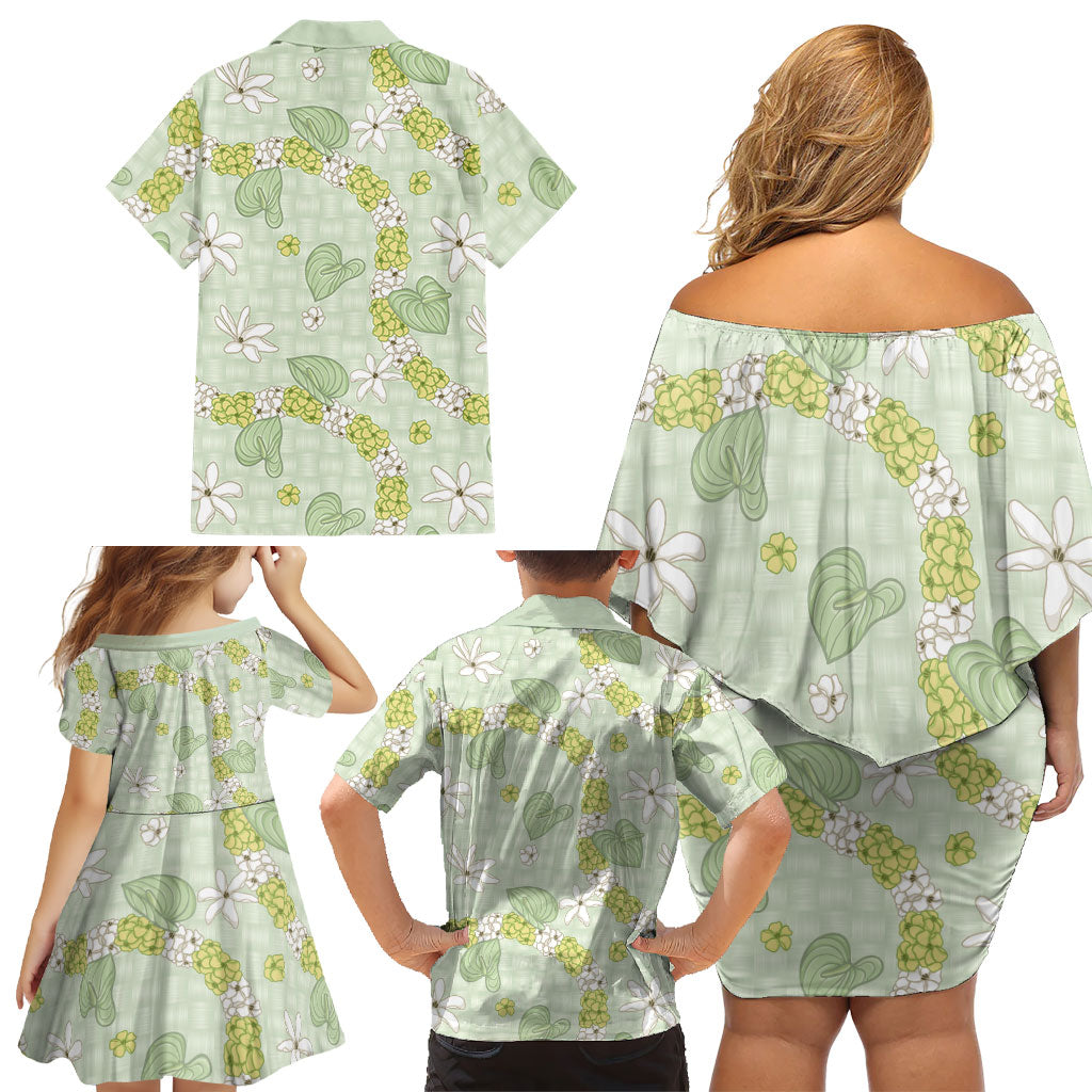 Hawaii Anthurium Tiare Pikake Lei Family Matching Off Shoulder Short Dress and Hawaiian Shirt Sage Green Lauhala Art Pattern LT01 - Polynesian Pride