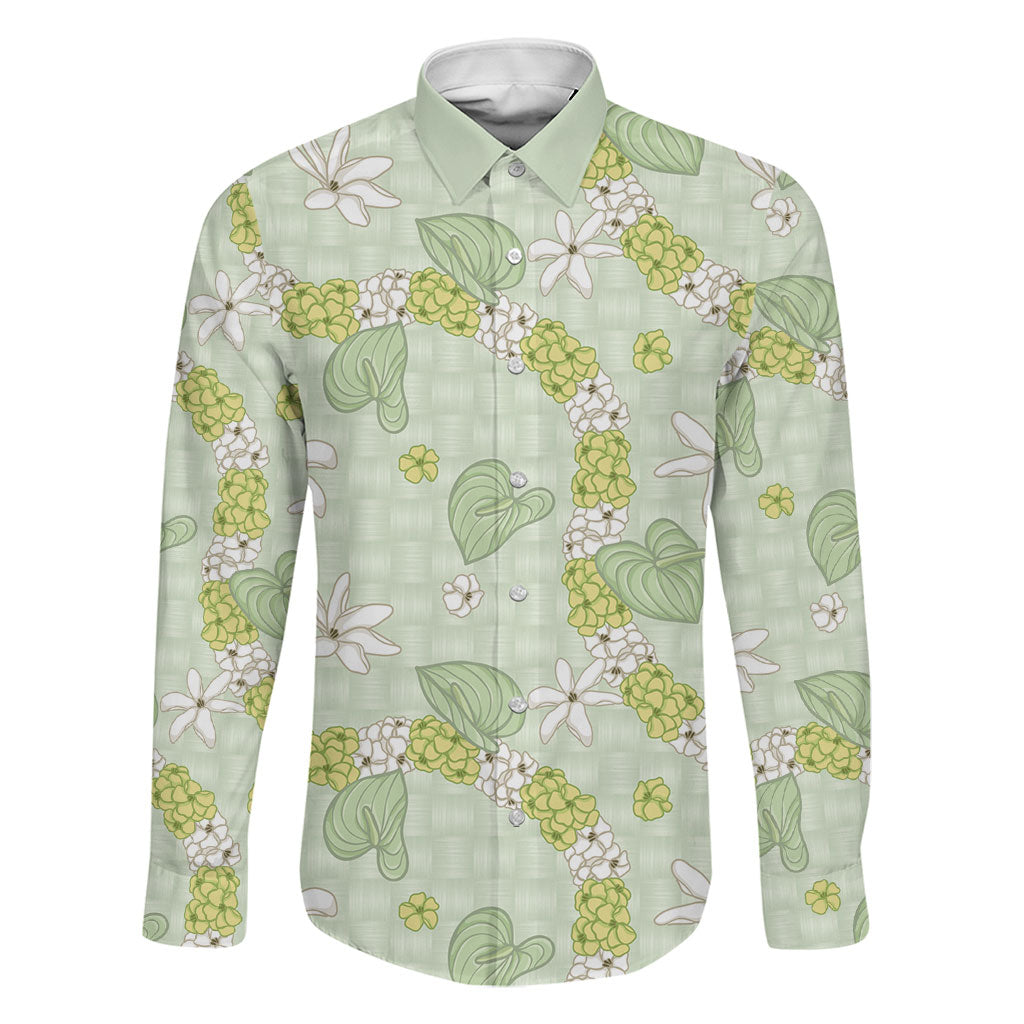 Hawaii Anthurium Tiare Pikake Lei Family Matching Off Shoulder Short Dress and Hawaiian Shirt Sage Green Lauhala Art Pattern LT01 Dad's Shirt - Long Sleeve Green - Polynesian Pride