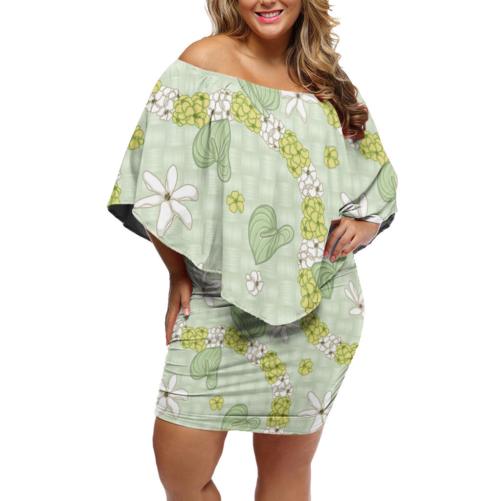 Hawaii Anthurium Tiare Pikake Lei Family Matching Off Shoulder Short Dress and Hawaiian Shirt Sage Green Lauhala Art Pattern LT01 Mom's Dress Green - Polynesian Pride