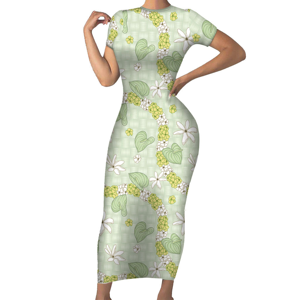 Hawaii Anthurium Tiare Pikake Lei Family Matching Short Sleeve Bodycon Dress and Hawaiian Shirt Sage Green Lauhala Art Pattern LT01 Mom's Dress Green - Polynesian Pride