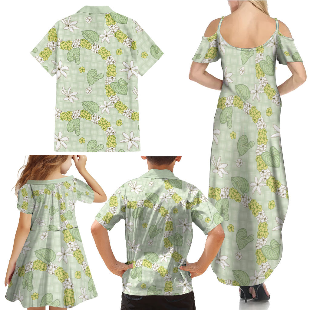 Hawaii Anthurium Tiare Pikake Lei Family Matching Summer Maxi Dress and Hawaiian Shirt Sage Green Lauhala Art Pattern LT01 - Polynesian Pride
