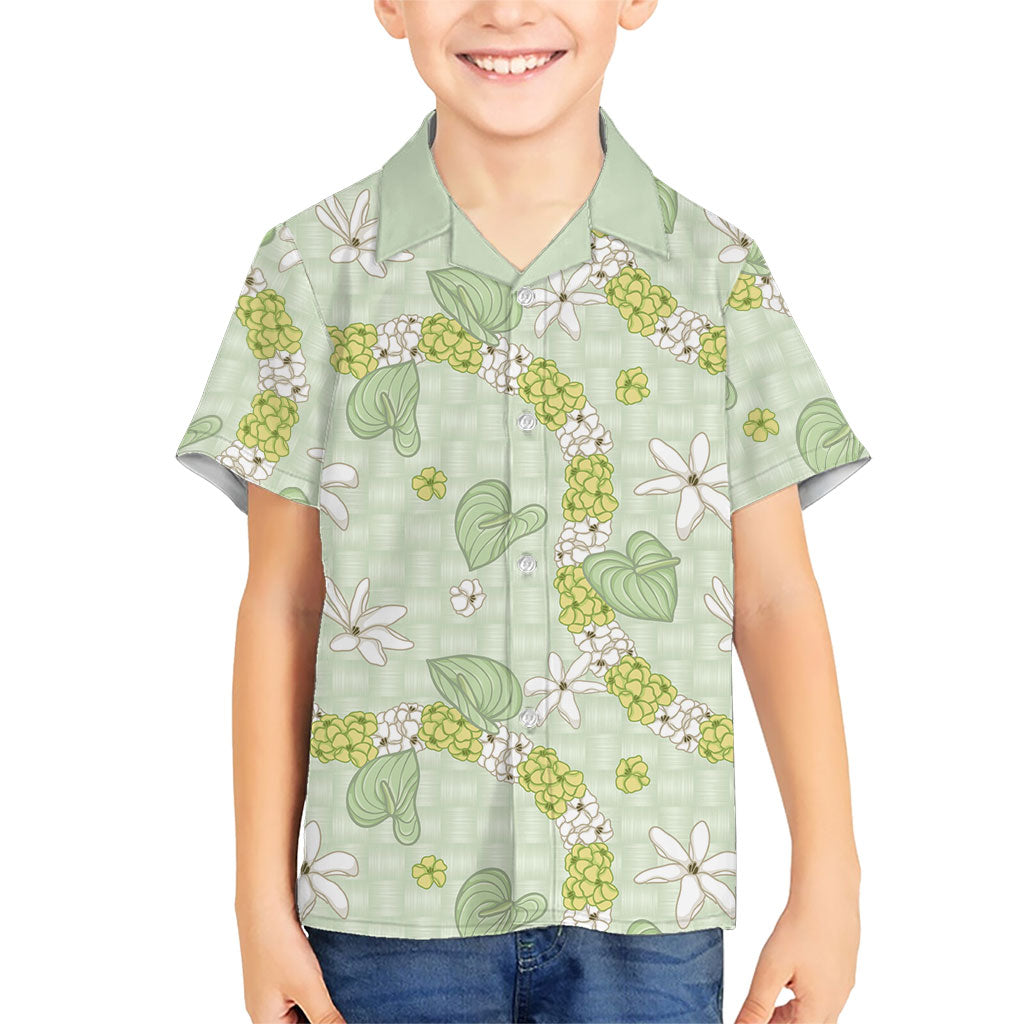 Hawaii Anthurium Tiare Pikake Lei Family Matching Tank Maxi Dress and Hawaiian Shirt Sage Green Lauhala Art Pattern LT01 Son's Shirt Green - Polynesian Pride