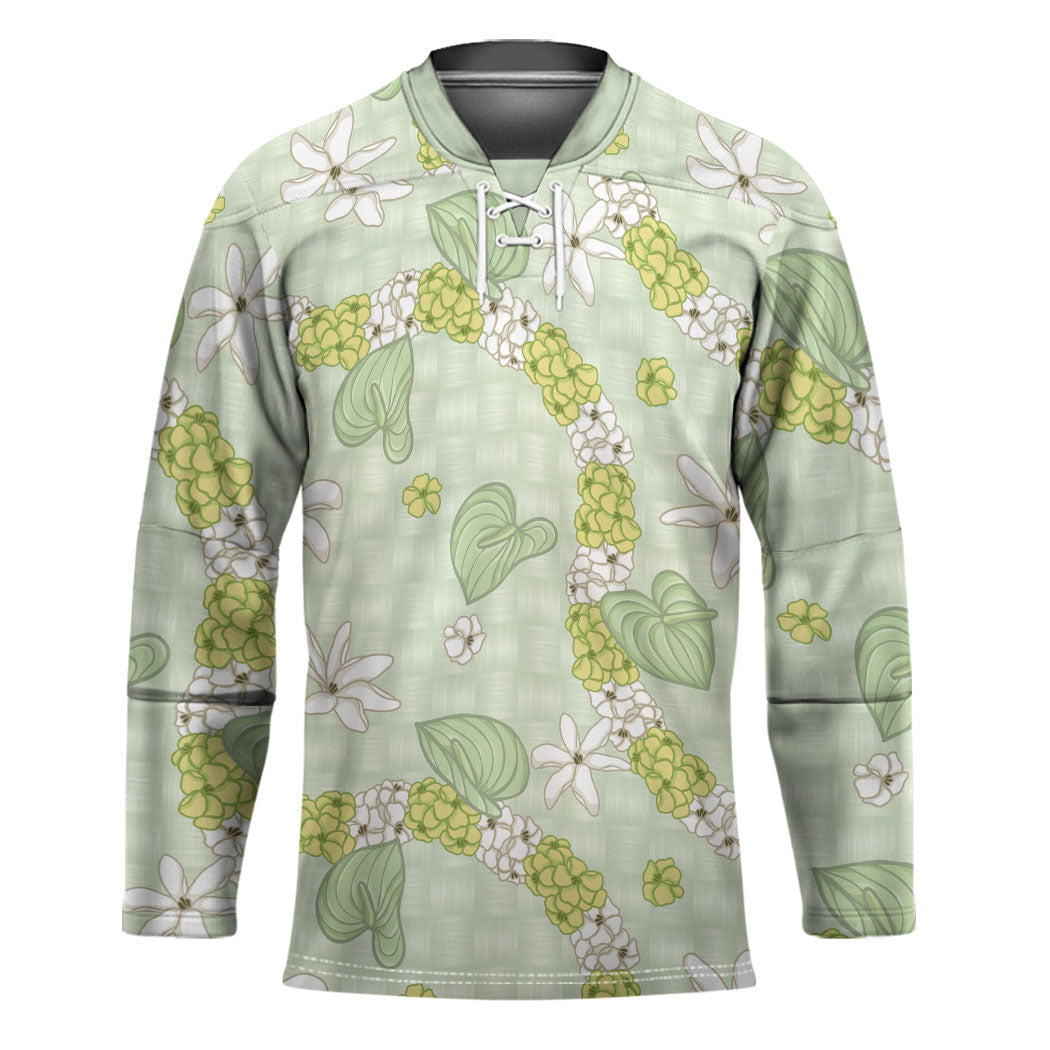 Hawaii Anthurium Tiare Pikake Lei Hockey Jersey Sage Green Lauhala Art Pattern