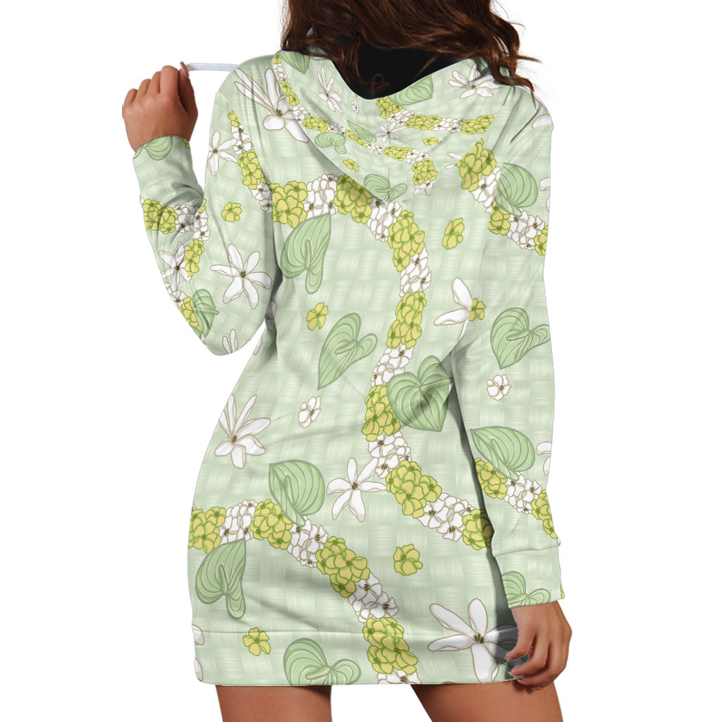 Hawaii Anthurium Tiare Pikake Lei Hoodie Dress Sage Green Lauhala Art Pattern