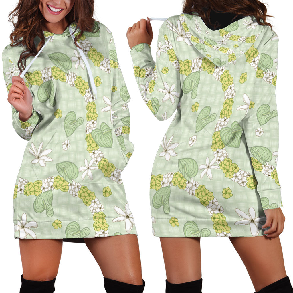 Hawaii Anthurium Tiare Pikake Lei Hoodie Dress Sage Green Lauhala Art Pattern