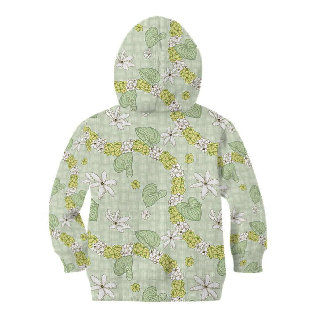 Hawaii Anthurium Tiare Pikake Lei Kid Hoodie Sage Green Lauhala Art Pattern