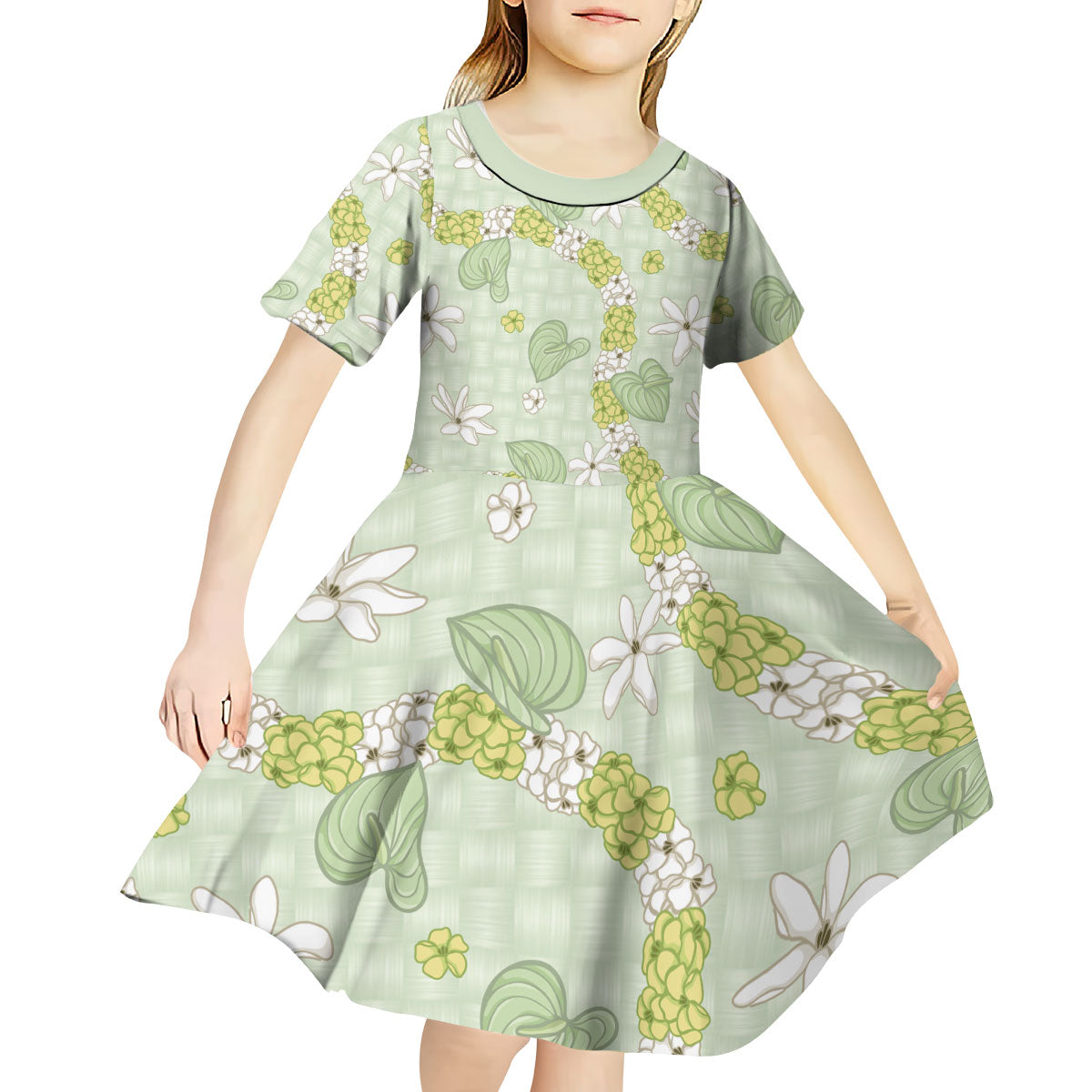 Hawaii Anthurium Tiare Pikake Lei Kid Short Sleeve Dress Sage Green Lauhala Art Pattern
