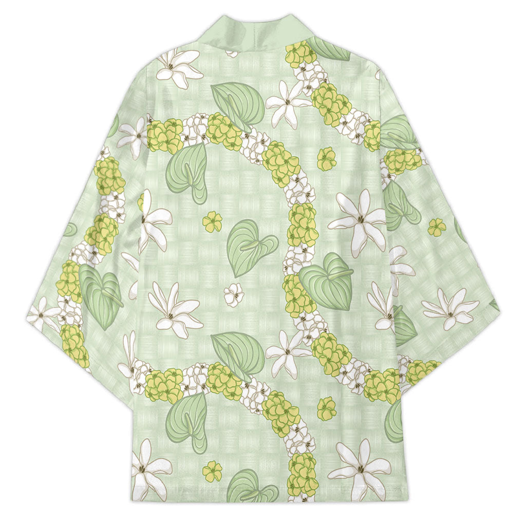 Hawaii Anthurium Tiare Pikake Lei Kimono Sage Green Lauhala Art Pattern