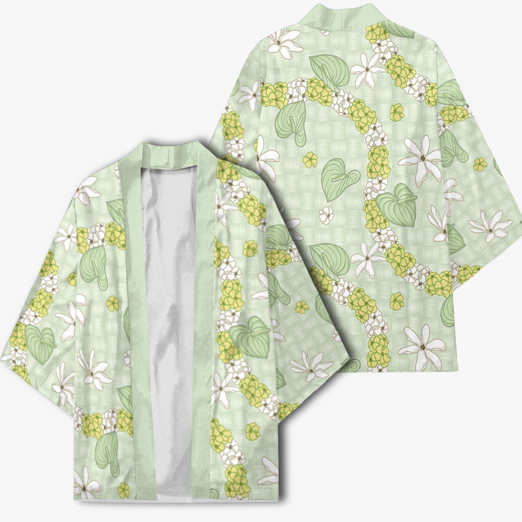Hawaii Anthurium Tiare Pikake Lei Kimono Sage Green Lauhala Art Pattern