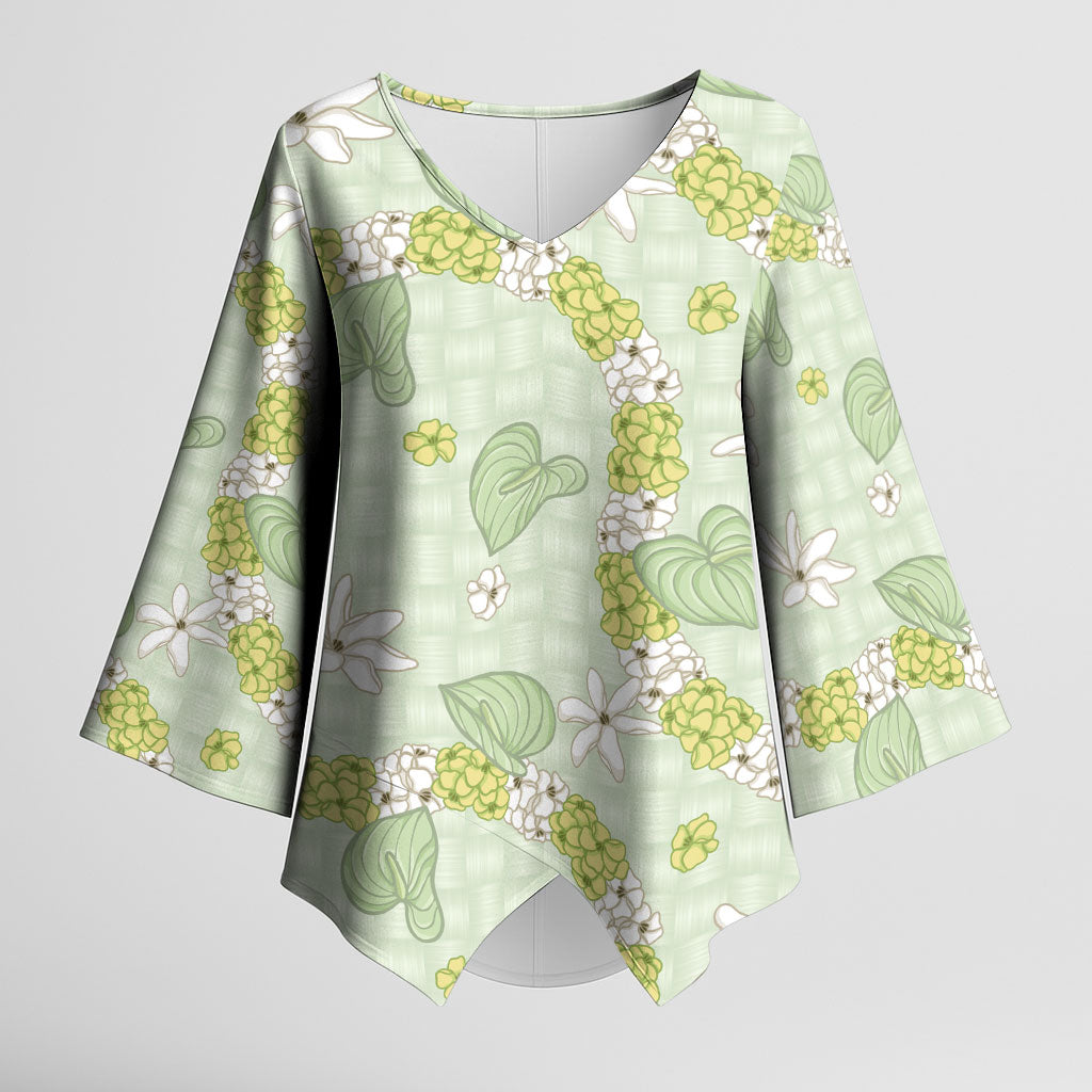 Hawaii Anthurium Tiare Pikake Lei Kimono Sleeve Blouse Sage Green Lauhala Art Pattern