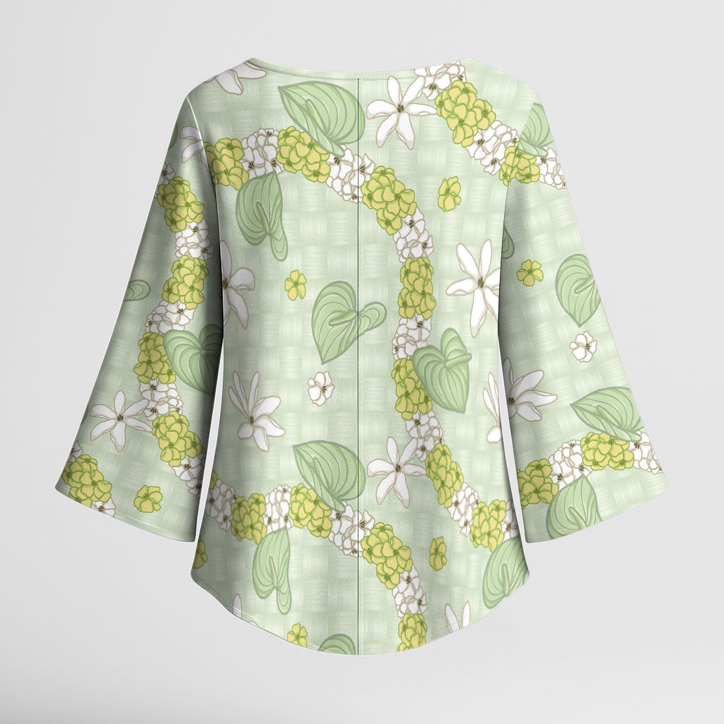 Hawaii Anthurium Tiare Pikake Lei Kimono Sleeve Blouse Sage Green Lauhala Art Pattern
