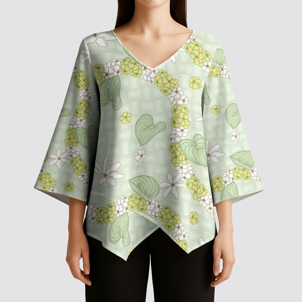 Hawaii Anthurium Tiare Pikake Lei Kimono Sleeve Blouse Sage Green Lauhala Art Pattern