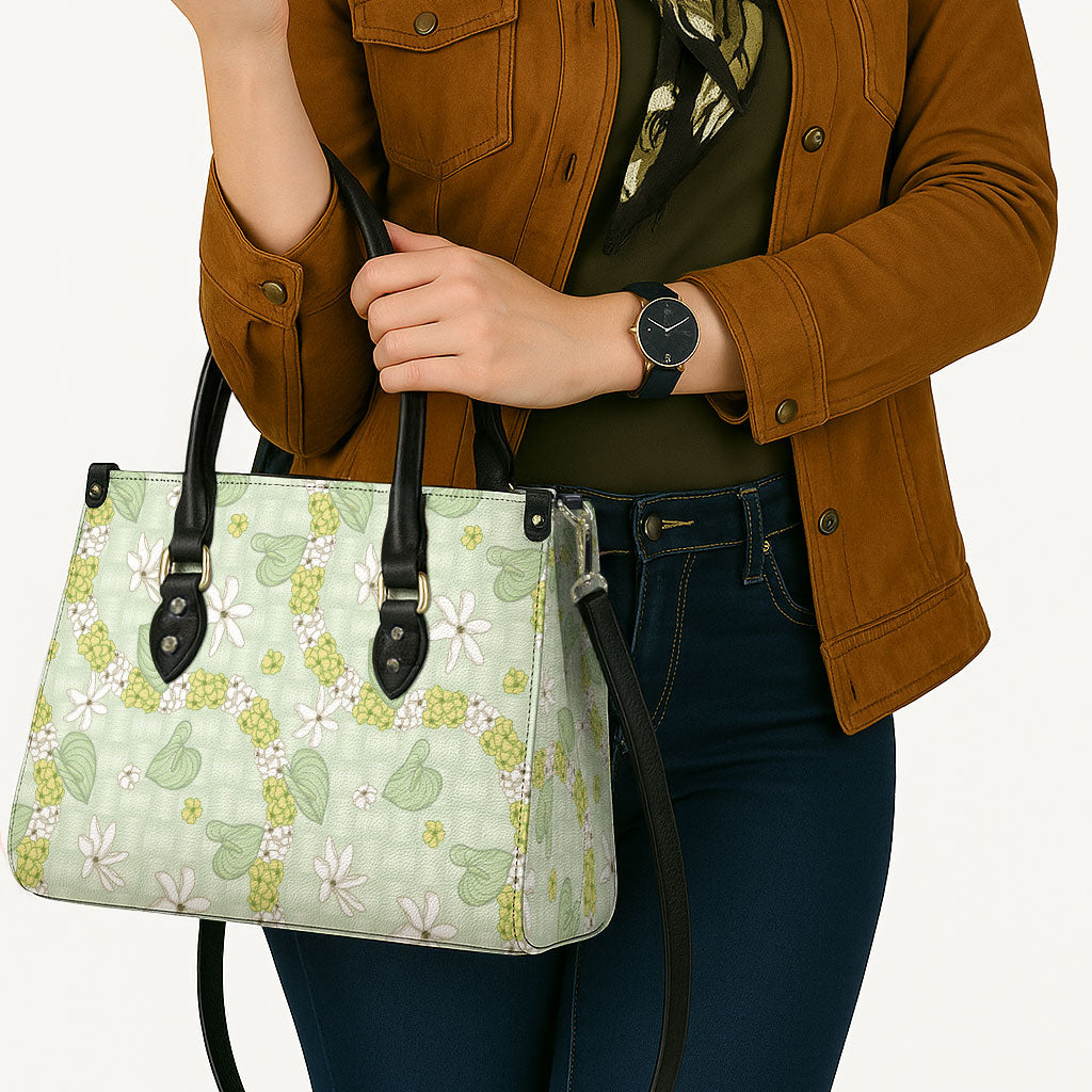 Hawaii Anthurium Tiare Pikake Lei Leather Bag Sage Green Lauhala Art Pattern