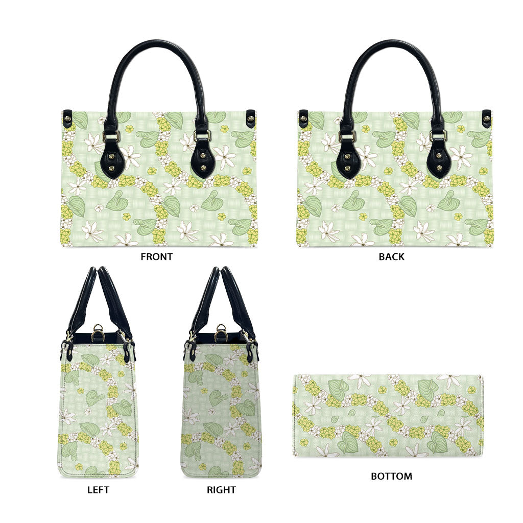 Hawaii Anthurium Tiare Pikake Lei Leather Bag Sage Green Lauhala Art Pattern