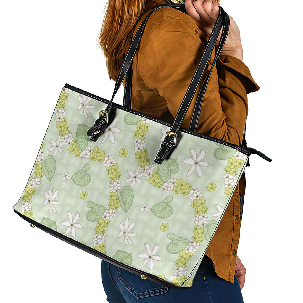 Hawaii Anthurium Tiare Pikake Lei Leather Tote Bag Sage Green Lauhala Art Pattern