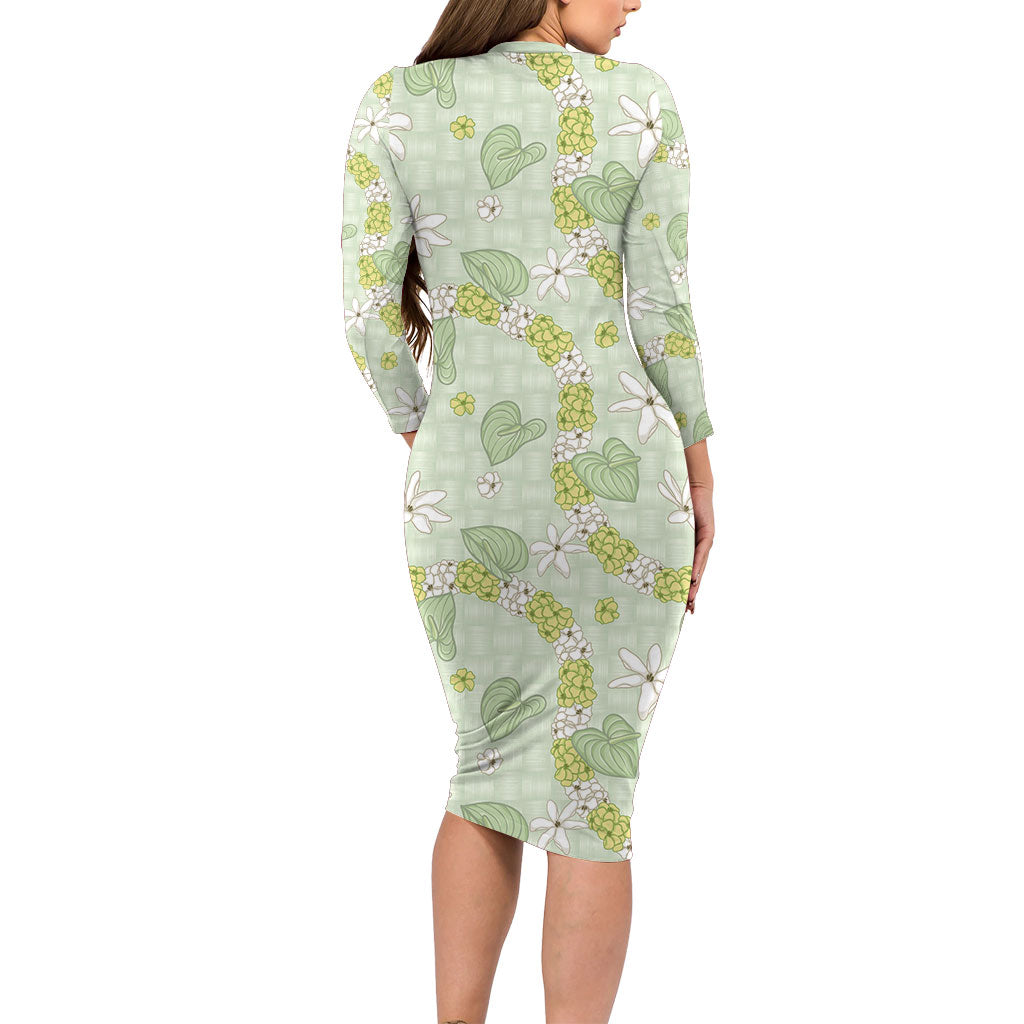 Hawaii Anthurium Tiare Pikake Lei Long Sleeve Bodycon Dress Sage Green Lauhala Art Pattern