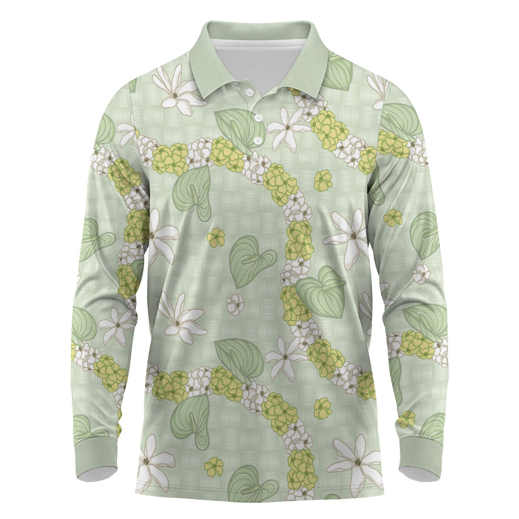 Hawaii Anthurium Tiare Pikake Lei Long Sleeve Polo Shirt Sage Green Lauhala Art Pattern